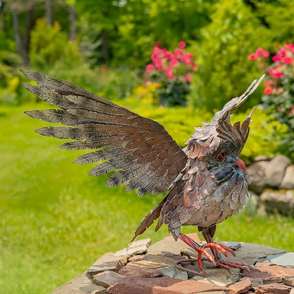 Zaer Ltd. Great Horned Owl Metal Garden Accent, Indoor/Outdoor Decor, Hand-Painted Black-Grey Finish (19" Tall Ash)