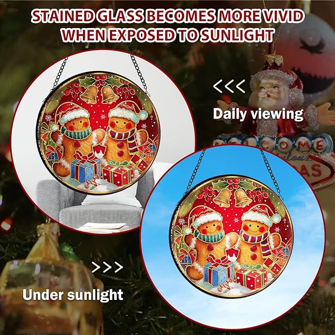 Christmas Decorations Stained Glass Window Hanging, Gingerbread Candy Cane Christmas Suncatcher for Window Hanging, Suncatchers Indoor Windows Wall Art for Mom Grandma, for Home Office 7.87 inches