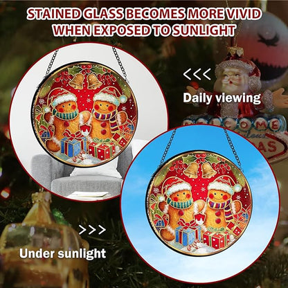 Christmas Decorations Stained Glass Window Hanging, Gingerbread Candy Cane Christmas Suncatcher for Window Hanging, Suncatchers Indoor Windows Wall Art for Mom Grandma, for Home Office 7.87 inches
