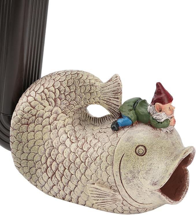 Gnome and Fish Statue Gutter Downspout Extensions, Rain Gutter Downspout Splash Block Extender Cover Garden Yard Sculpture Decorative, 3" × 4" Downspouts