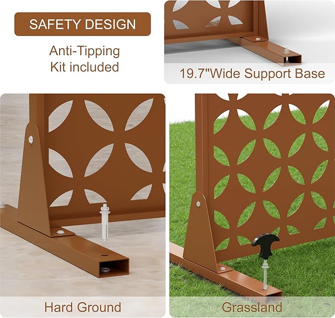 Metal Privacy Screen 72" H x 44" W, Outdoor Freestanding Privacy Screens, Patio Metal Fence Panels with Stand, Brown Screens for Outside Deck Balcony Garden and Indoor