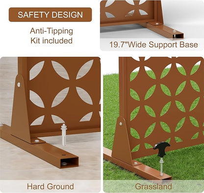 Metal Privacy Screen 72" H x 44" W, Outdoor Freestanding Privacy Screens, Patio Metal Fence Panels with Stand, Brown Screens for Outside Deck Balcony Garden and Indoor