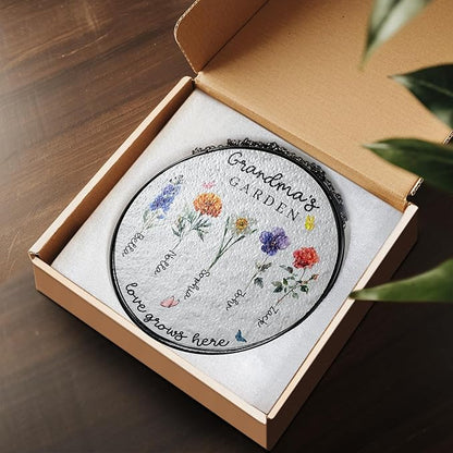 NAZENTI Personalized Birth Flowers Stained Glass Suncatcher for Gigi, Stained Glass Window Hanging Suncatcher with Kids Name, for Grandma, Personalized Mimi Flower Garden