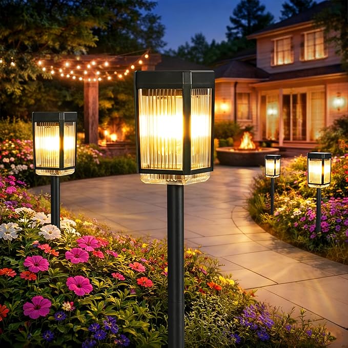 Solar Pathway Lights, 4 Pack Solar Powered Garden Lights Waterproof IP65, Auto On/Off Outdoor Light for Lawn Patio Walkway Driveway Decor Landscape Lighting (Warm White)