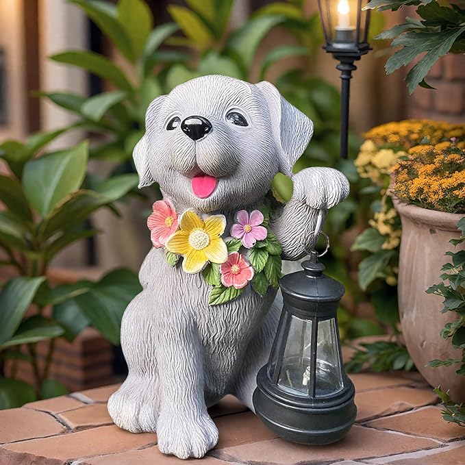 Dog Solar Light, Solar Dogs Statues Outdoor with Lantern, Cute Dogs Garden Figurines for Patio and Yard Decor, Gardening Gifts for Mom, Grandma, Dog Lovers