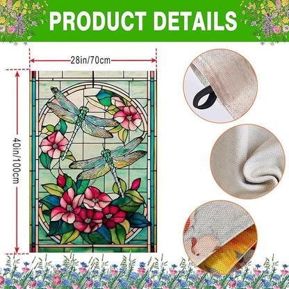 Spring Summer Dragonfly House Flag 28x40 Inch Double Sided, Stained Glass Dragonfly Floral Outdoor Flag Colorful Flower Large Yard Flag Seasonal Lawn Porch Farmhouse Decor