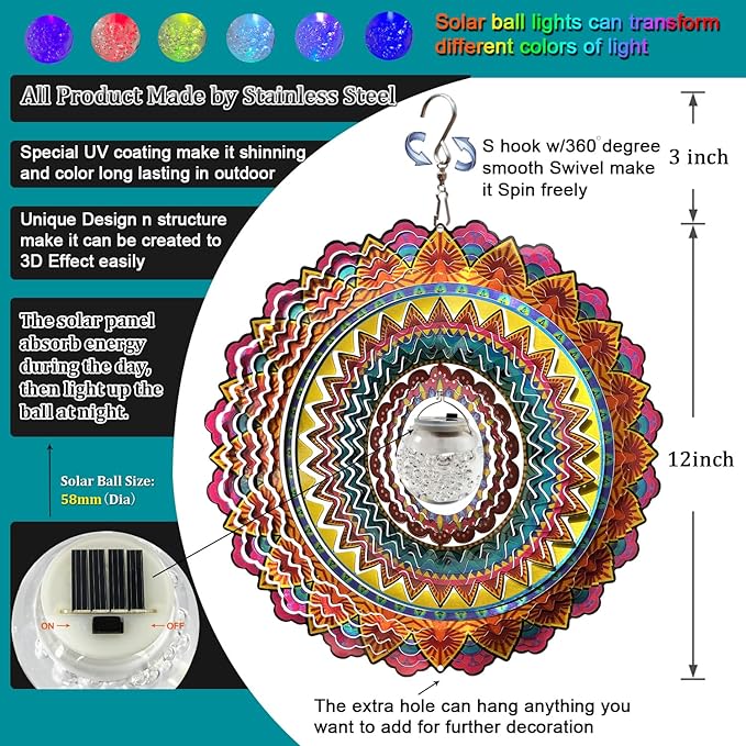FONMY Solar Wind Spinner Mandala Flame 3D Stainless Steel Hanging Wind Spinners Worth Gift Christmas Decoration Indoor/Outdoor Garden Décor Kinetic Yard Art 12 Inches Multi Red Wind Sculpture