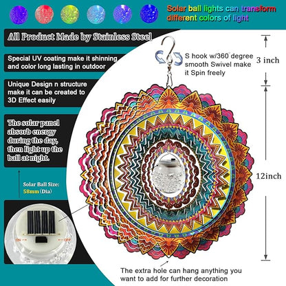 FONMY Solar Wind Spinner Mandala Flame 3D Stainless Steel Hanging Wind Spinners Worth Gift Christmas Decoration Indoor/Outdoor Garden Décor Kinetic Yard Art 12 Inches Multi Red Wind Sculpture