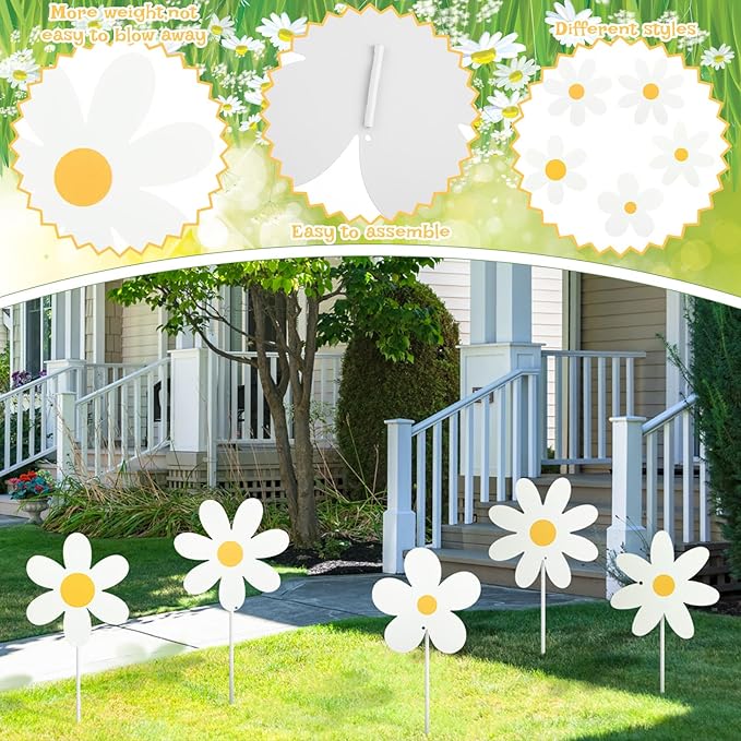 5 Pcs Metal Spring Yard Decorations Outdoor Daisy Flowers Yard Signs with Stakes Cute White Daisy Decorative Lawn Signs for Indoor Outdoor Garden Pathway Walkway Spring Holiday Party Decor
