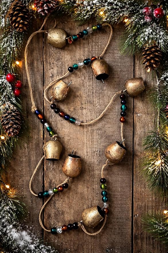 Vintage Rustic Metal Dome Bells Garland with Multicolor Glass Beads – Handcrafted Hanging Decor for Indoor Outdoor Garden, Patio, Farmhouse & Boho Style (8 Bells)