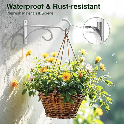 pickpiff 6-Inch Planter Hooks for Hanging Plants - Plant Hanger Hook Indoor Outdoor, Plant Wall Hooks, Brackets for Hanging Plants, Baskets, Wind Chime, Bird Feeder, Bird House (White, Metal, 2 Pack)