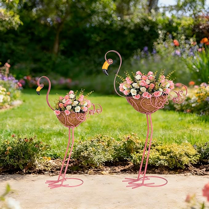 Set of 2 Pink Flamingo Outdoor Planters with Basket, Metal Flamingo Planter for Indoor Outdoor Garden Yard Decor (Flamingo-Planter)