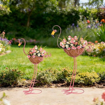 Set of 2 Pink Flamingo Outdoor Planters with Basket, Metal Flamingo Planter for Indoor Outdoor Garden Yard Decor (Flamingo-Planter)