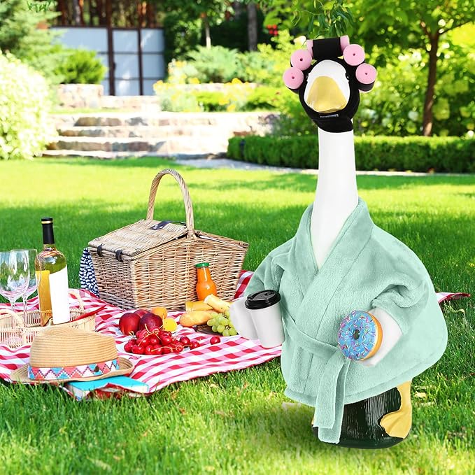 Porch Goose Outfits for 23 Inch Lawn Goose Statue, Green Bathrobe Clothes with Hair Curlers, Coffee Cup & Donut Accessories for Funny Spa Yard Garden Patio Decor