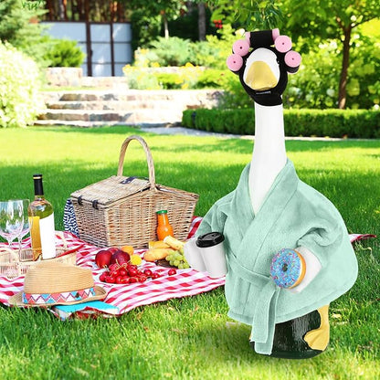 Porch Goose Outfits for 23 Inch Lawn Goose Statue, Green Bathrobe Clothes with Hair Curlers, Coffee Cup & Donut Accessories for Funny Spa Yard Garden Patio Decor