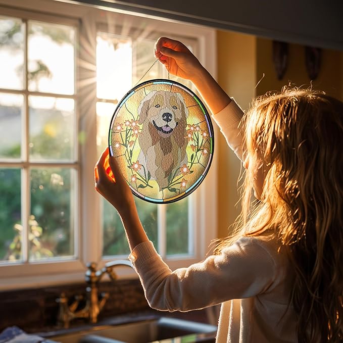 NAZENTI Custom Pet Portrait Stained Glass Suncatcher, Personalized Dog Photo Memorial Ornament Window Hanging, Remembrance Sympathy Gift for Loss of Fur, Bereavement Keepsake, Home Decor