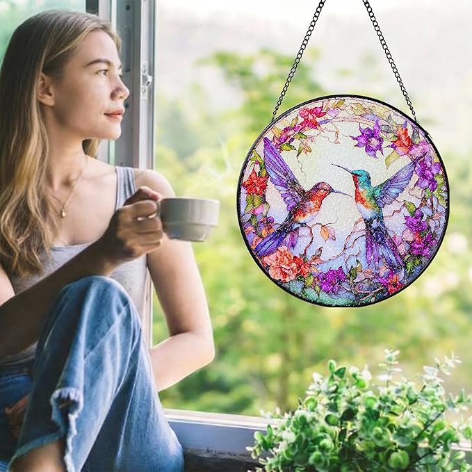 Stained Glass Window Hanging Hummingbird Sun Catcher Indoor and Outdoor, Window Garden Decor Art, Stained Glass Suncathers, Hummingbird Gifts for Women,Mom, Grandma and Wife 7.8’’ Purple