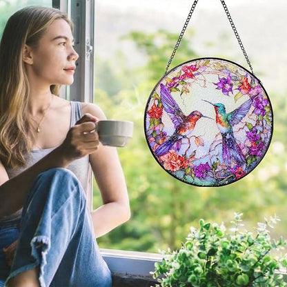 Stained Glass Window Hanging Hummingbird Sun Catcher Indoor and Outdoor, Window Garden Decor Art, Stained Glass Suncathers, Hummingbird Gifts for Women,Mom, Grandma and Wife 7.8’’ Purple