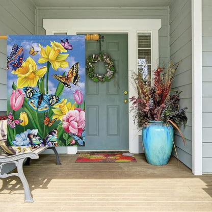 Louise Maelys Spring Garden Flag 28x40 Double Sided Vertical, Burlap Large Butterfly Floral Flower Welcome Yard House Outside Outdoor Summer Decoration