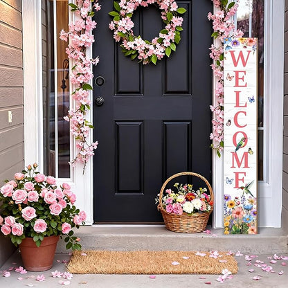 Hummingbird Welcome Sign for Front Door, Spring Porch Sign Tulip Flowers Outdoor Yard Sign Seasonal Tall Floral Welcome Porch Sign Wildflowers Wood Door Sign for Garden Patio Wall Home Decor
