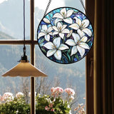Stained Glass Window Hanging - White Lily Flowers Suncatcher for Door Terrace Garden Home Decor Blue Purple Sun Catcher Birthday Gifts for Lovers Women Men Dad Mom Nana 7.8 in