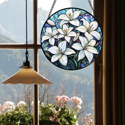 Stained Glass Window Hanging - White Lily Flowers Suncatcher for Door Terrace Garden Home Decor Blue Purple Sun Catcher Birthday Gifts for Lovers Women Men Dad Mom Nana 9.8 in