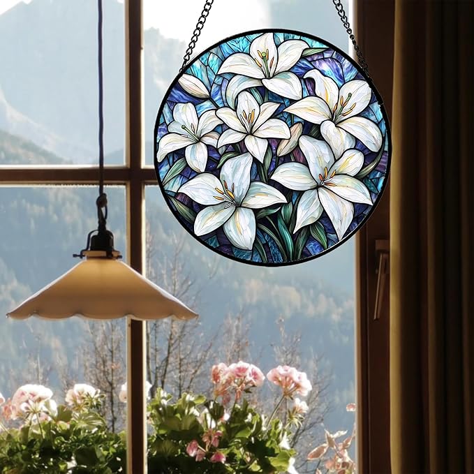 Stained Glass Window Hanging - White Lily Flowers Suncatcher for Door Terrace Garden Home Decor Blue Purple Sun Catcher Birthday Gifts for Lovers Women Men Dad Mom Nana 11.8 in