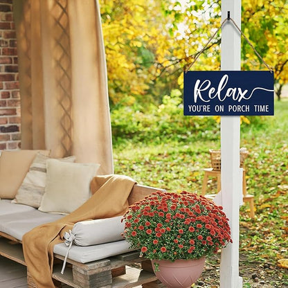 JXREQ Relax Sign, Front Door Sign, Outdoor Porch Wall Decor Wood Hanging Sign for Home Backyard Patio, Relax You're On Porch Time Sign, 12x6 Inch, Navy Blue
