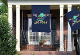 Mugod The World Belongs Who Read House Flag Double Sided 28 x 40, Knowledge Motivational Quote Word Navy Blue Burlap Large Flag House Seasonal Farmhouse Outside Outdoor Decoration