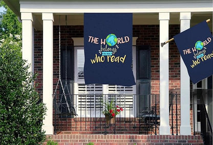 Mugod The World Belongs Who Read House Flag Double Sided 28 x 40, Knowledge Motivational Quote Word Navy Blue Burlap Large Flag House Seasonal Farmhouse Outside Outdoor Decoration