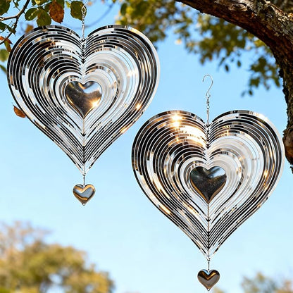 Wind Spinner Garden Decor, for Women, Gifts for Grandma and Mom, 3D Heart 12-Inch Stainless Steel Hanging Yard Spinner for Outdoor & Indoor Metal Decoration, 2 Pack