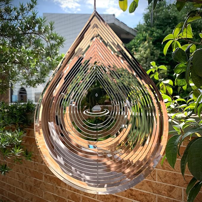 Wind Spinner 3D Water Droplets Shape Highly Reflective Stainless Steel Metal Outdoor Garden Decor, Decorations to Scare Away Yard Birds 12 inch, Gifts for Women Mom Dad