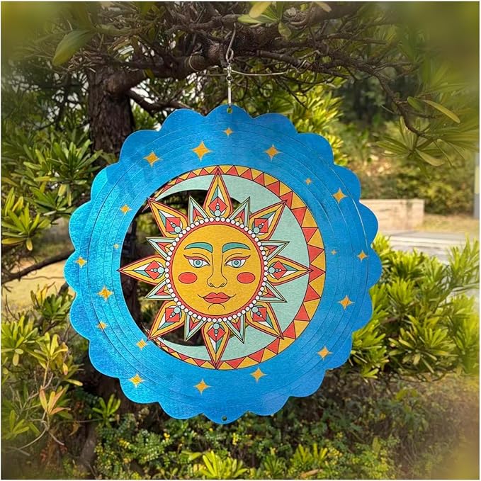 Sun and Moon Wind Spinner Outdoor Mental Kinetic Wind Spinner for Garden Yard Décor Sun and Moon Gifts for Women/Men Hanging Lawn Ornaments Wind Sculpture with 3D Visual Effect