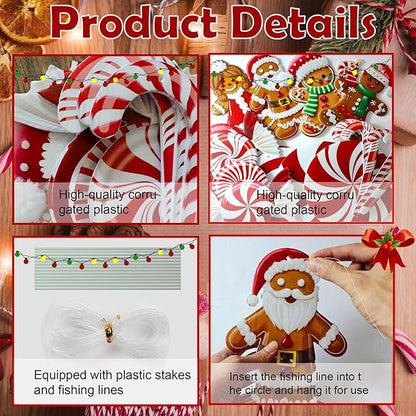 16ct Christmas Decorations Set Outdoor and Indoor Holiday Decor with Festive Candy Canes Gingerbread Ornaments 60 Meter Fishing Line and 28 Glass Fiber Stakes for Tree Yard