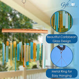Blue Handworks Caribbean Beach Glass and Driftwood Chime - Sandblasted Glass and Found Wood Hand Crafted Wind Chime