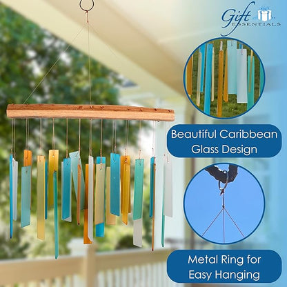 Blue Handworks Caribbean Beach Glass and Driftwood Chime - Sandblasted Glass and Found Wood Hand Crafted Wind Chime