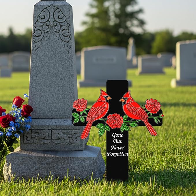 Red Cardinal Memorial Cross Stake - Metal Grave Decorations for Cemetery - Sturdy Thickened Black Cross with 3 Red Roses, Religious Sympathy Gift for Loss of Loved One(Red Cardinal)