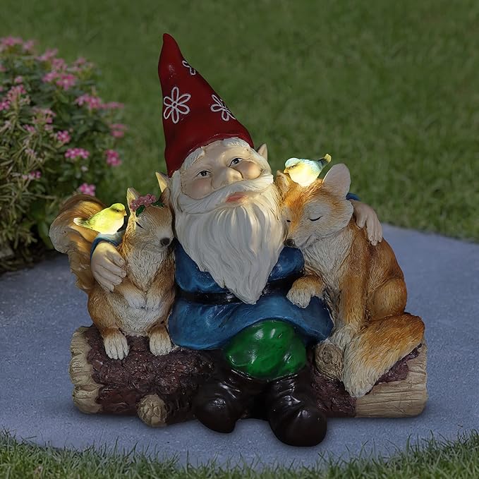 Exhart Garden Gnome, Solar Squirrel and Fox Friends Garden Sculpture, LED Birds, Outdoor Lawn and Yard Decoration, 14 x 8 x 13.5 Inch, Multicolor, Resin