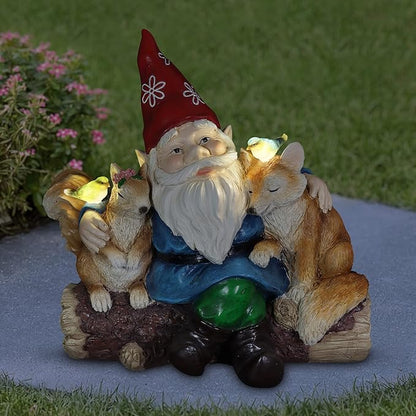 Exhart Garden Gnome, Solar Squirrel and Fox Friends Garden Sculpture, LED Birds, Outdoor Lawn and Yard Decoration, 14 x 8 x 13.5 Inch, Multicolor, Resin