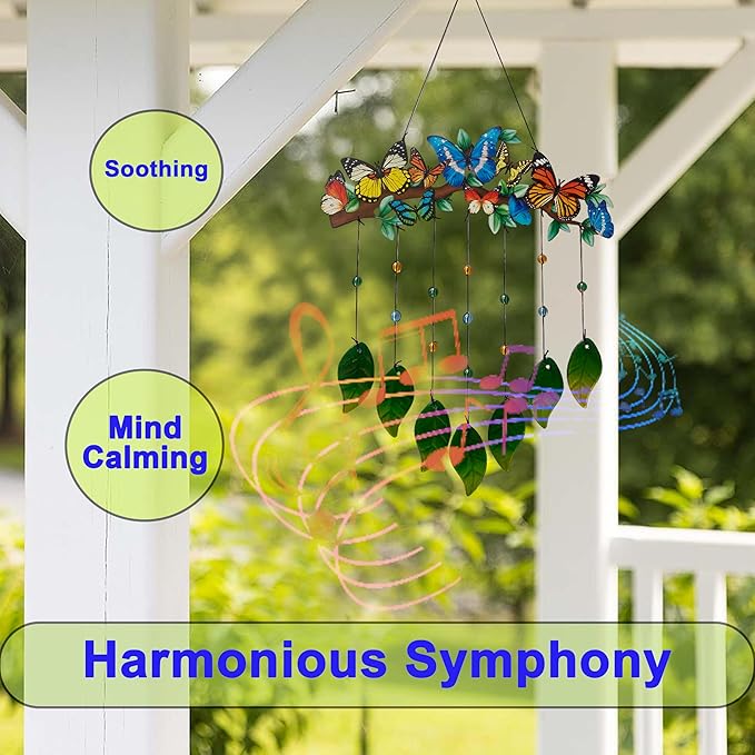 Butterfly Wind Chimes Outdoor - Colorful Metal & Glass Leaves Hanging Decor for Garden, Yard, Porch