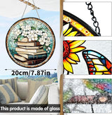 VAIIEYO Books Sun Catcher Stained Glass Window Hanging Ornament, Handmade Sun Catcher Flower Decoration with Hooks for Window Garden Home, Mother's Day & Birthday Housewarming Gift (7.8 inch)