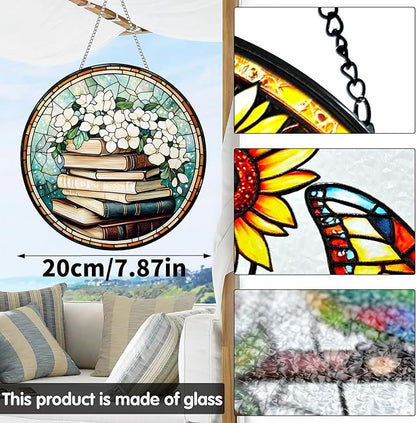 VAIIEYO Books Sun Catcher Stained Glass Window Hanging Ornament, Handmade Sun Catcher Flower Decoration with Hooks for Window Garden Home, Mother's Day & Birthday Housewarming Gift (7.8 inch)