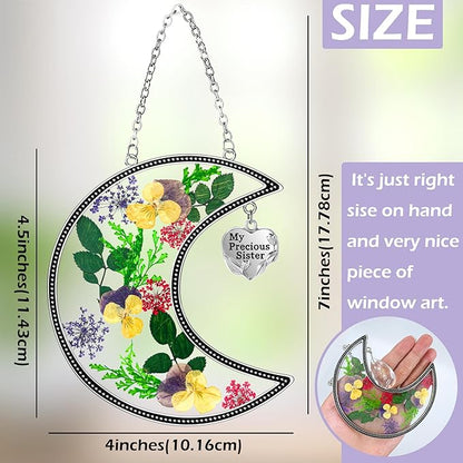 KY&BOSAM Hanging Ornament, My Precious Sister Suncatcher with Pressed Flower, Silver Heart Charm - Mother’s Day, Birthday, Christmas Gift
