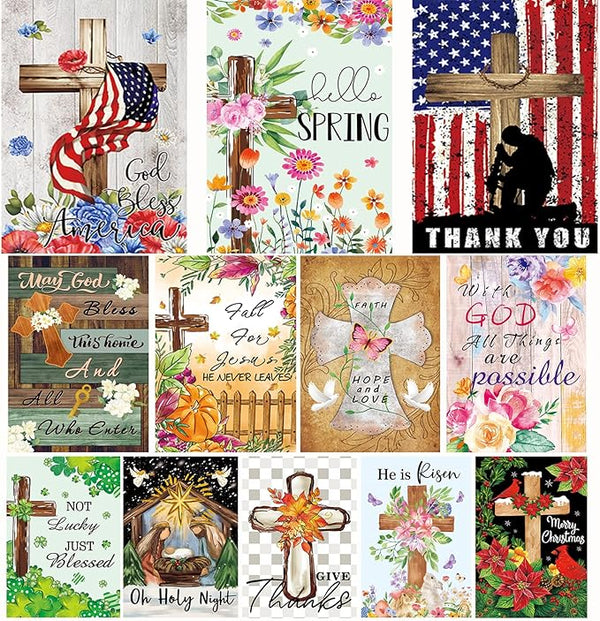 Christian Seasonal Garden Flags Set of 12 Double Sided 12 x 18 Inch Cross Yard Flags, Small Flags for Outside, Fall Winter Easter Christmas Outdoor Flags, Holiday Garden Flags for All Seasons ﻿