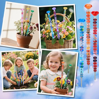 AIPRIDY DIY Fairy Wand Garden Stake Beads Kits with Rainbow Colorful Assortment Large Hole Beads, Beaded Garden Stakes kit with Crystal Diamond Top (238Pcs Rainbow+Diamond)