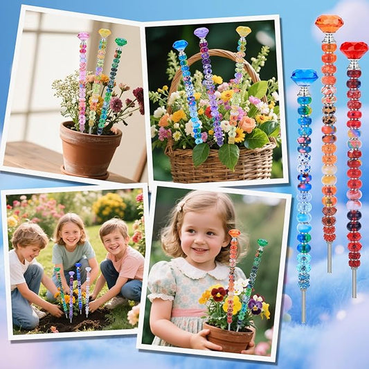 AIPRIDY DIY Fairy Wand Garden Stake Beads Kits with Rainbow Colorful Assortment Large Hole Beads, Beaded Garden Stakes kit with Crystal Diamond Top (238Pcs Rainbow+Diamond)