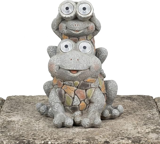 Frogs Piggy Back Ride with Solar Eyes Statue for Garden Decor - Stone Like Figurine for Front Porch, Outdoor Garden, Patio, and Yard Decor - Sculptural Yard Art for Entryway - 14", Gray & Yellow