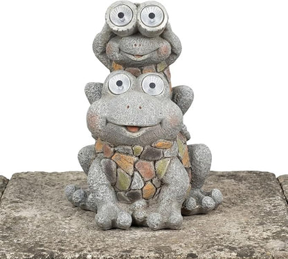 Frogs Piggy Back Ride with Solar Eyes Statue for Garden Decor - Stone Like Figurine for Front Porch, Outdoor Garden, Patio, and Yard Decor - Sculptural Yard Art for Entryway - 14", Gray & Yellow
