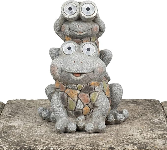 Frogs Piggy Back Ride with Solar Eyes Statue for Garden Decor - Stone Like Figurine for Front Porch, Outdoor Garden, Patio, and Yard Decor - Sculptural Yard Art for Entryway - 14", Gray & Yellow