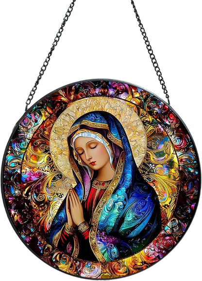 Suncatcher Stained Glass Window Hanging - Mother Mary Glass Panel with Metal Chain and Hooks Handmade Sun Catcher Decoration for Window Garden Home Christmas & Birthday Gifts (6.3 Inch)